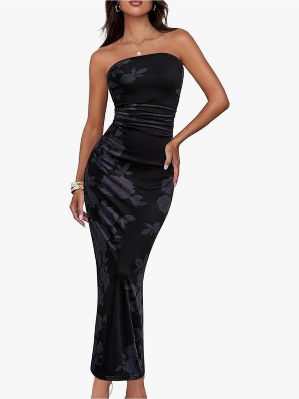 Strapless Black Floral Satin Evening Gown